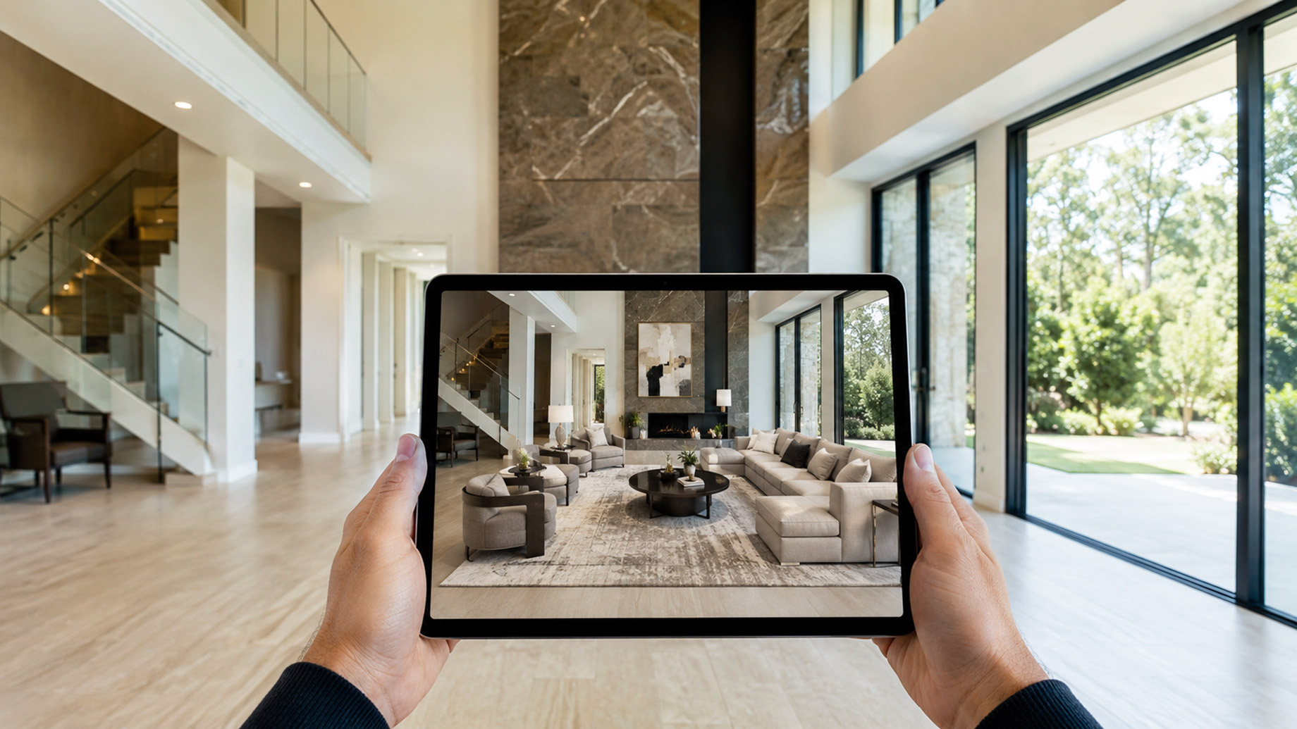 Hands hold a tablet in an empty luxury living room, showing an augmented reality view of the same space fully staged with elegant furniture, rugs, lighting, and décor.