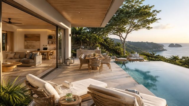 Luxury oceanfront rental villa with infinity pool, outdoor dining area, lounge seating, open living space, and sunset sea views.