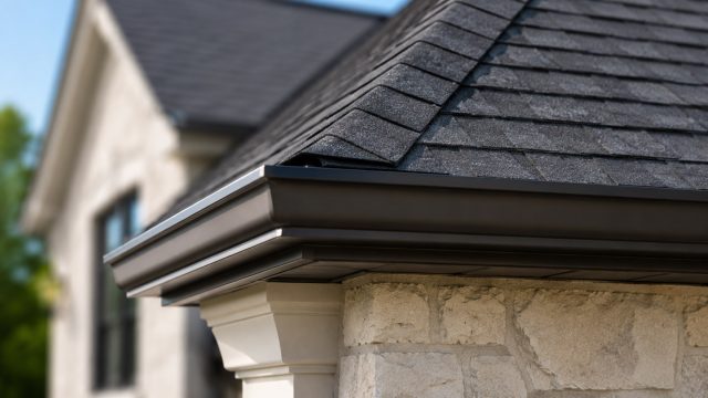 Close-up of a luxury home roof corner with dark asphalt shingles, black guttering, clean fascia, soffit detail, and light stone exterior wall in bright daylight.