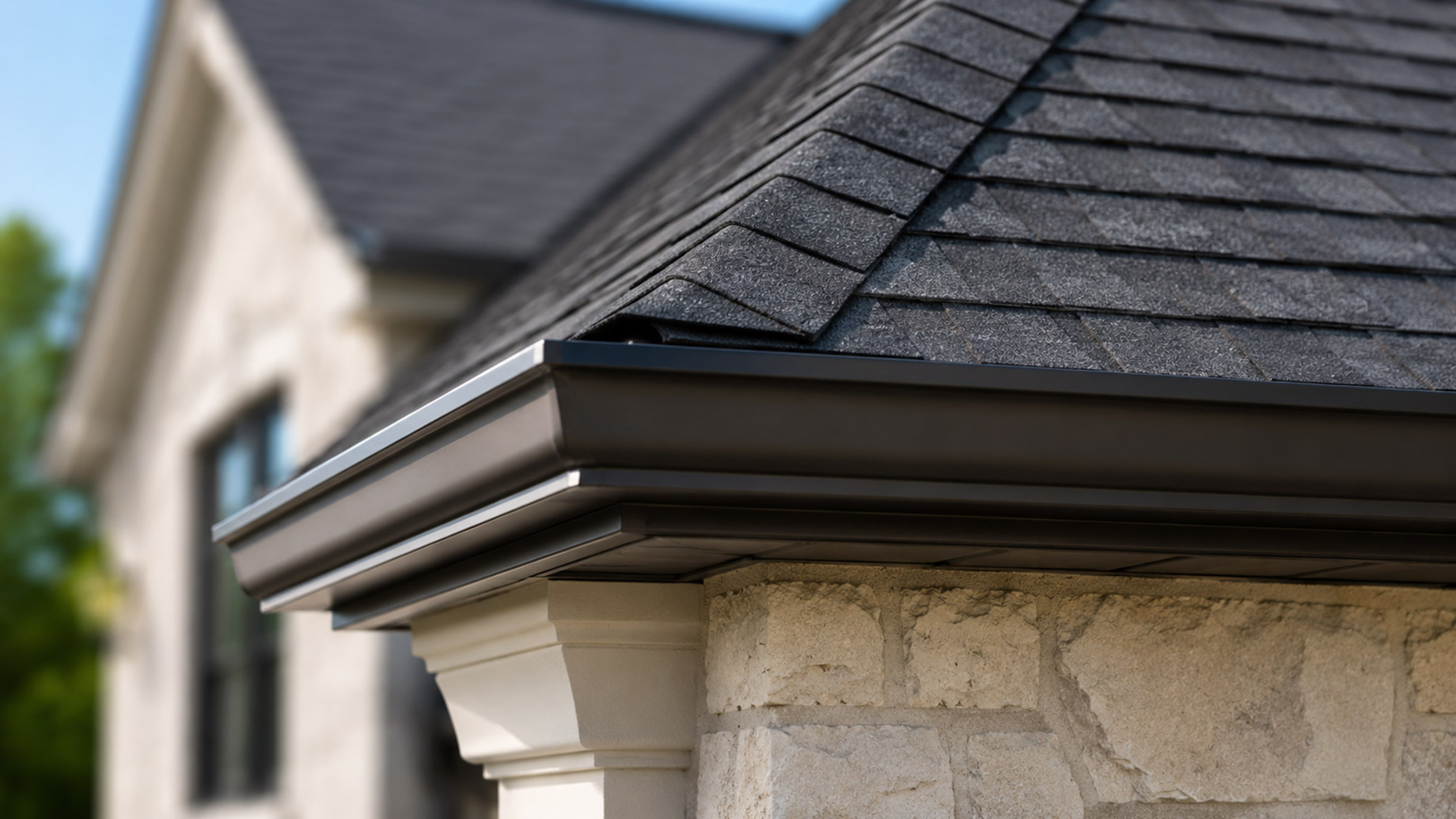 Close-up of a luxury home roof corner with dark asphalt shingles, black guttering, clean fascia, soffit detail, and light stone exterior wall in bright daylight.