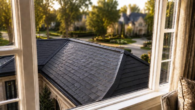 View from inside a luxury home looking over a dark slate-style roof with a straight ridge line, framed by tall windows, curtains, and an upscale neighborhood beyond.