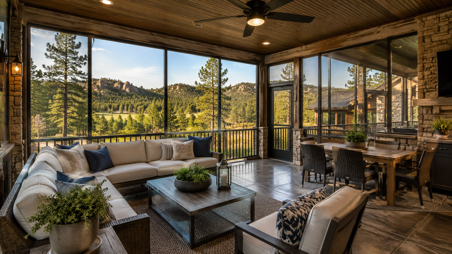 Luxury screened-in patio with outdoor lounge seating, dining area, ceiling fan, stone fireplace, and scenic wooded hillside views.