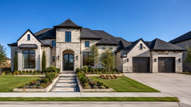 Newly built luxury home with light stone exterior, dark rooflines, tall windows, grand arched entry, manicured landscaping, and a multi-car garage.