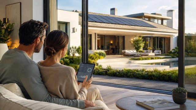 Couple reviewing solar performance data on a tablet while looking out at a modern luxury home with rooftop solar panels.
