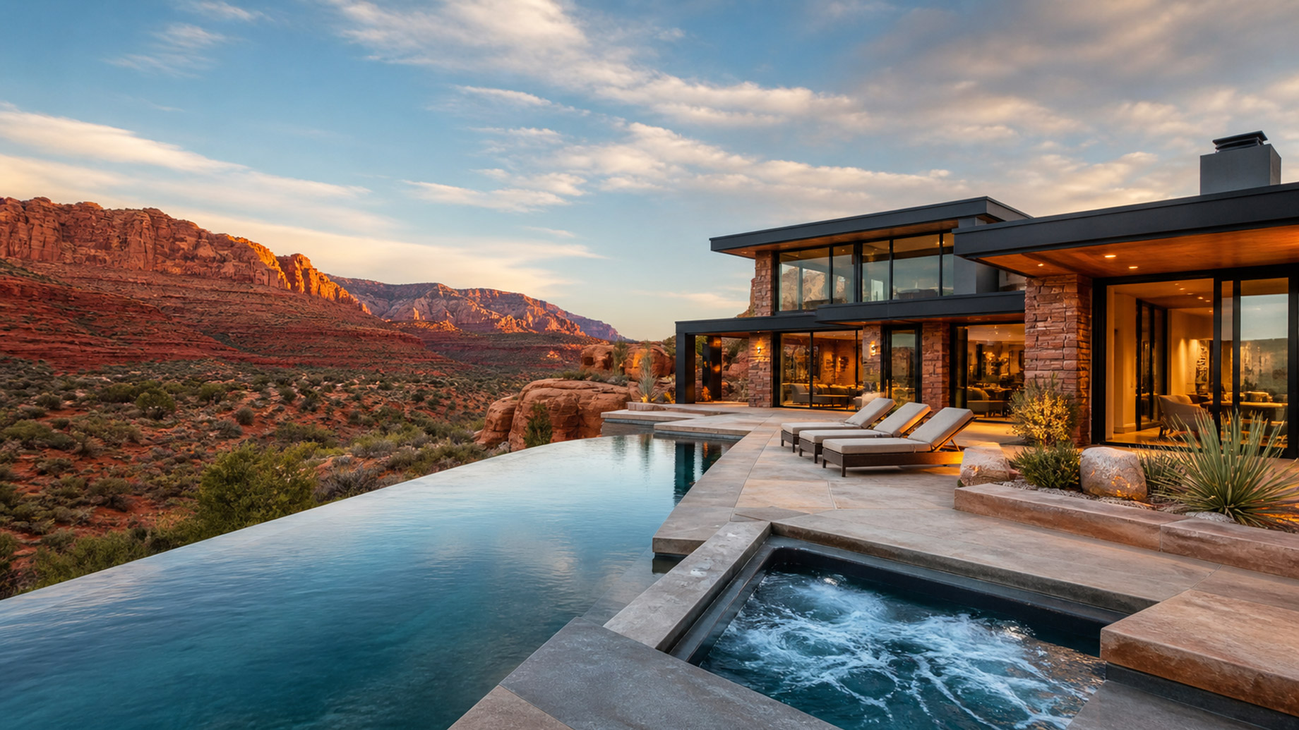 Modern luxury vacation rental with an infinity pool overlooking red rock desert cliffs in Southern Utah.