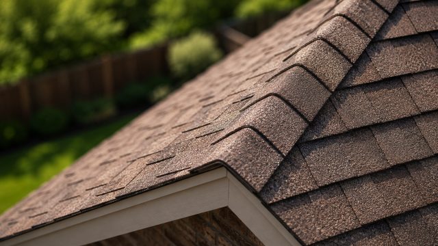 Close-up view of textured asphalt shingles on a residential roof corner, with ridge shingles in sharp focus and a softly blurred backyard beyond.