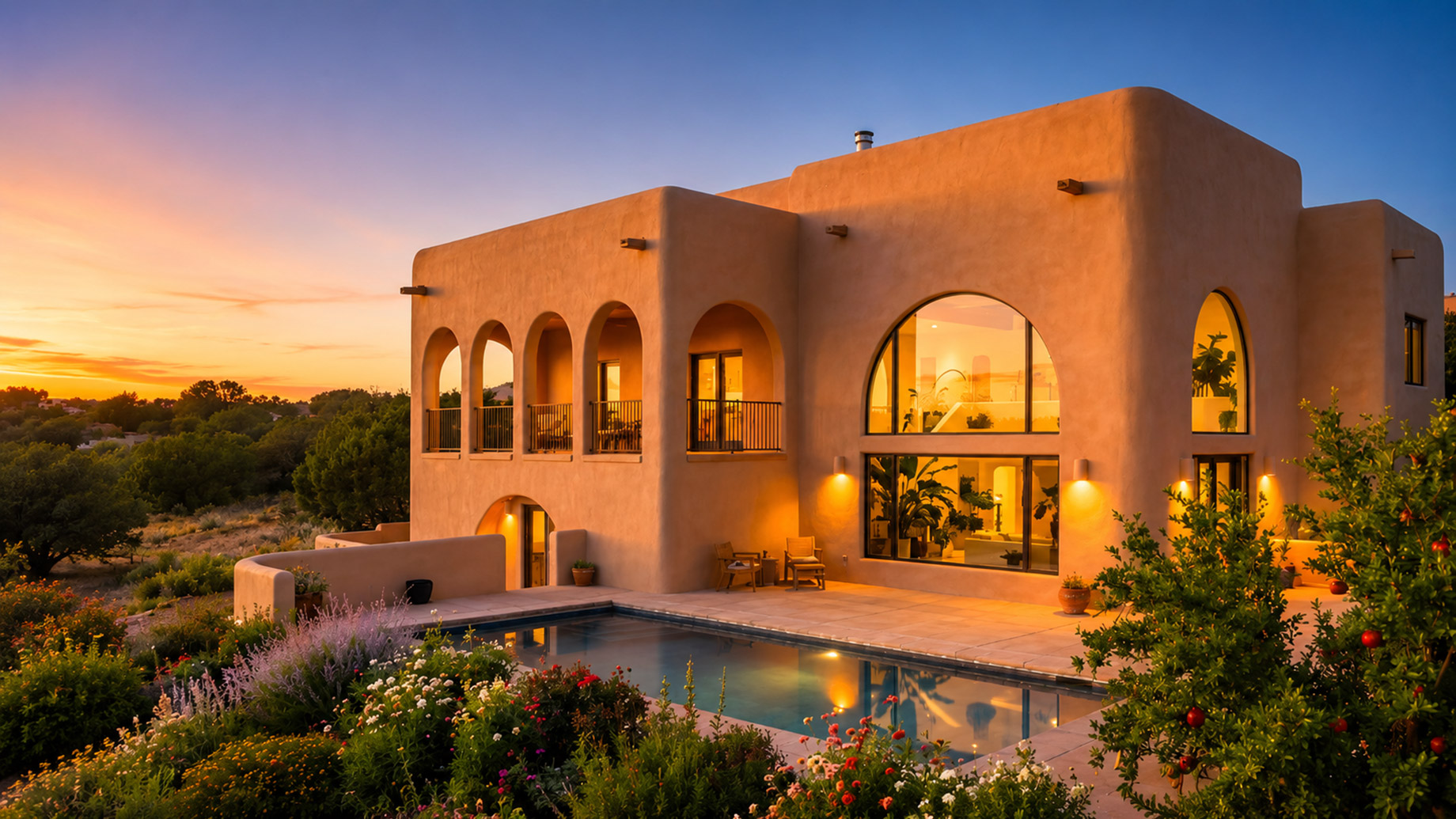 Luxury Mediterranean-style villa with arched windows, warm interior lighting, landscaped gardens, and a pool at sunset.