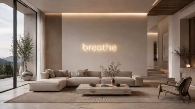 A serene minimalist living room features a warm white neon “breathe” sign above a neutral sofa, with natural textures, soft lighting, and floor-to-ceiling windows.