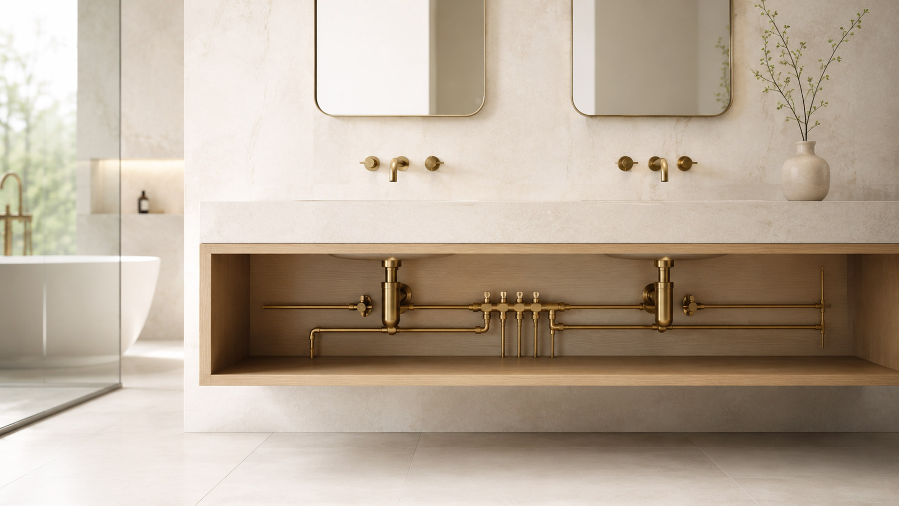 Minimalist luxury bathroom with floating double vanity, exposed brass plumbing, stone surfaces, wall-mounted faucets, freestanding tub, and soft neutral finishes.