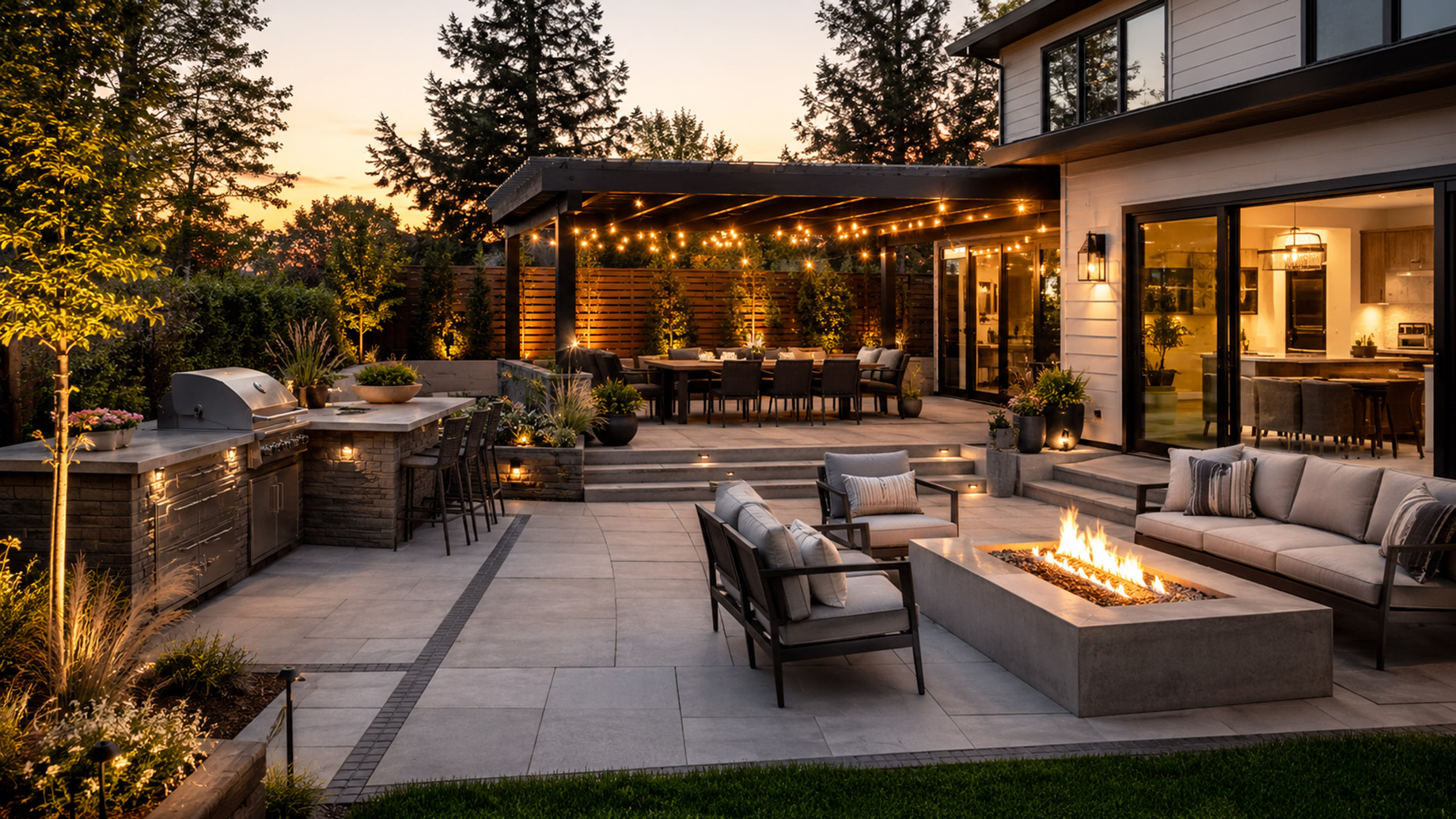Modern backyard patio with large pavers, a gas fire pit, outdoor kitchen, pergola, warm lighting, and landscaped seating areas at sunset.