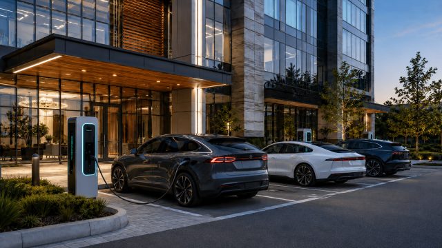 Modern commercial building with electric vehicles parked at EV charging stations outside a glass-fronted entrance at dusk.