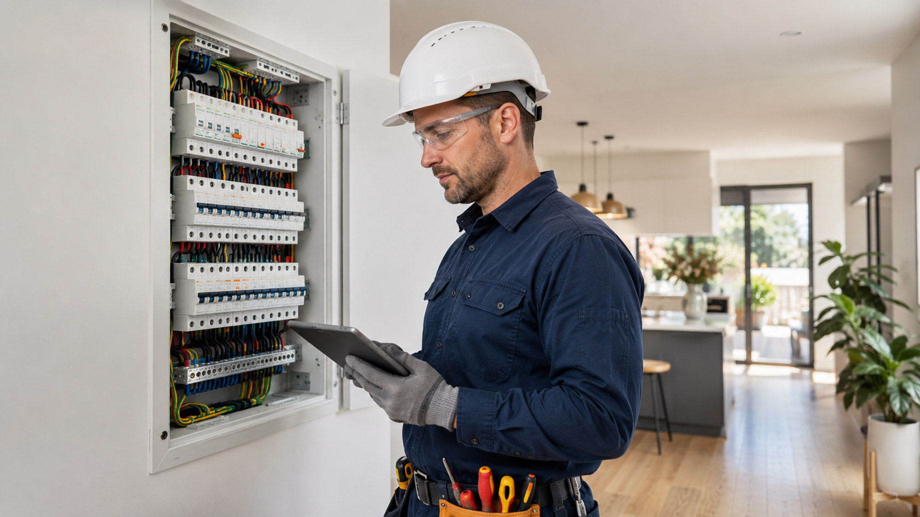 Electrician wearing safety gear reviews an upgraded electrical panel in a bright modern home.