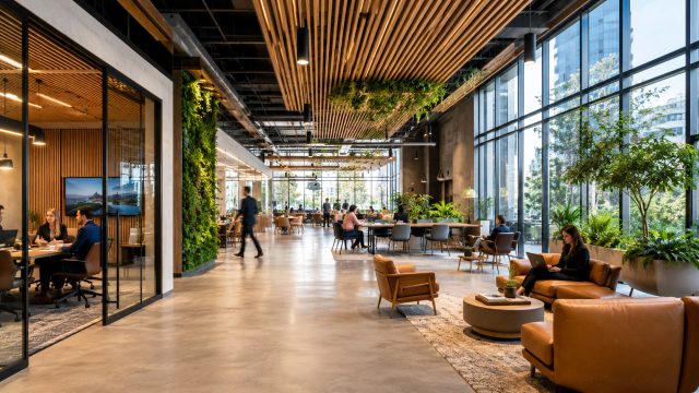 Modern commercial office interior with open work areas, glass meeting rooms, natural light, indoor greenery, and flexible seating.