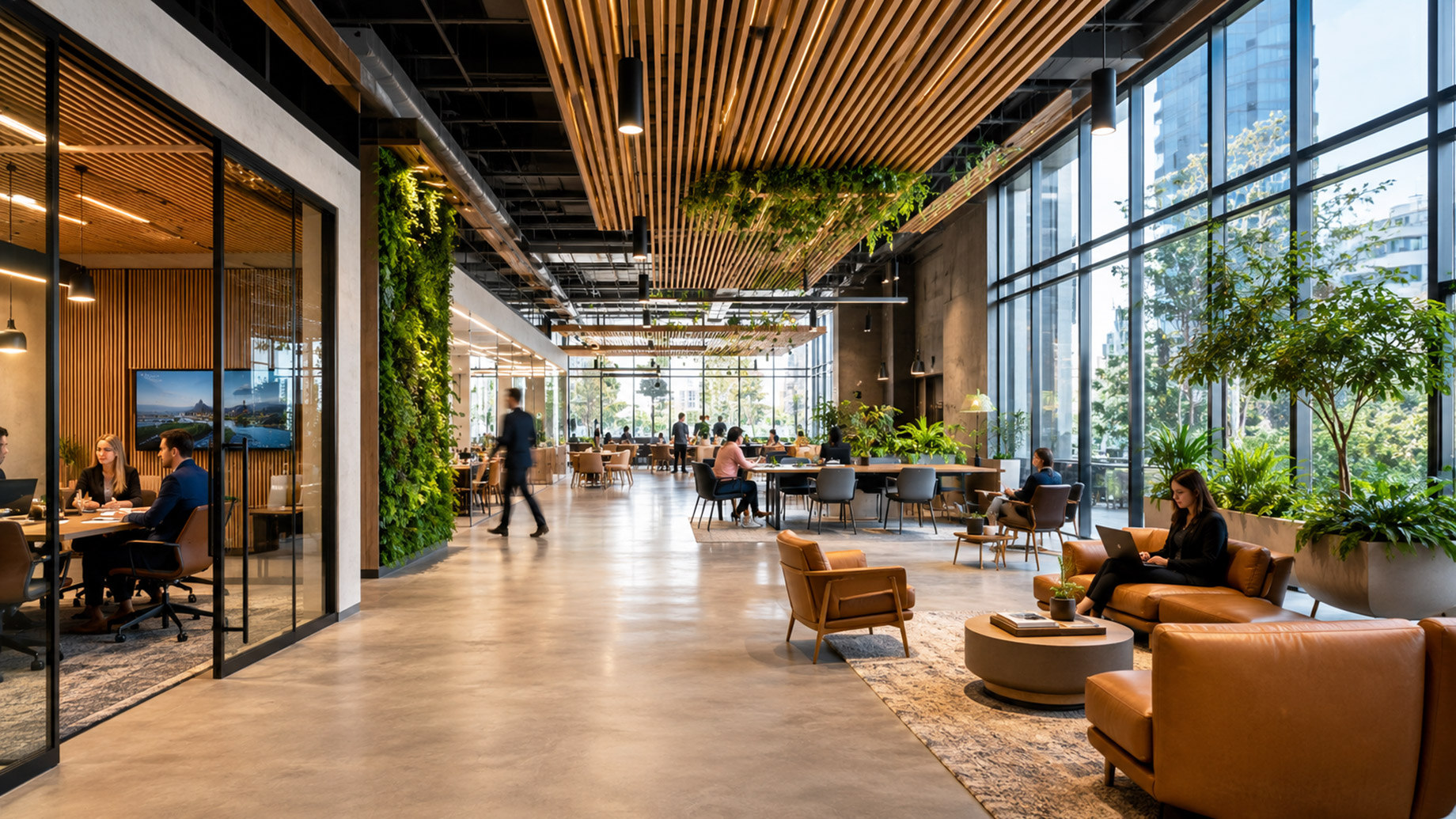 Modern commercial office interior with open work areas, glass meeting rooms, natural light, indoor greenery, and flexible seating.