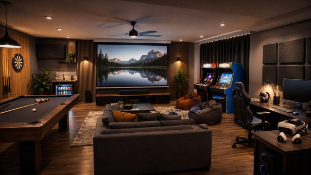 Stylish home games room with a pool table, projector screen, arcade machines, gaming desk, dartboard, mini fridge, beanbag chairs, and sectional sofa.