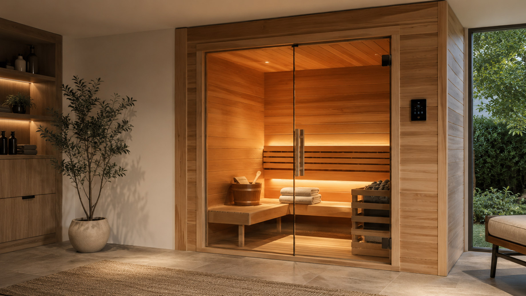 Modern indoor home sauna with glass doors, cedar-style wood walls, bench seating, sauna stones, towels, soft lighting, and a calming spa room setting.