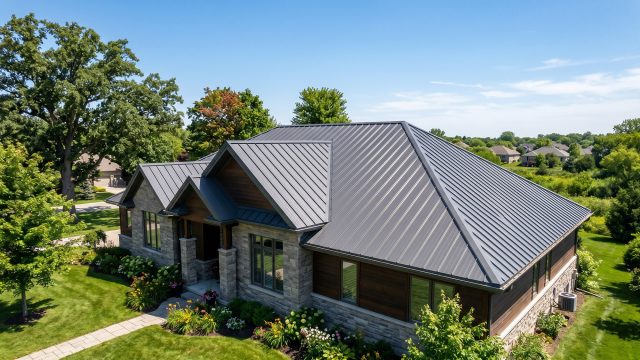 An aerial view of a modern suburban house featuring a dark grey standing seam metal roof, surrounded by lush green lawns, landscaping, and large trees under a clear blue sky.