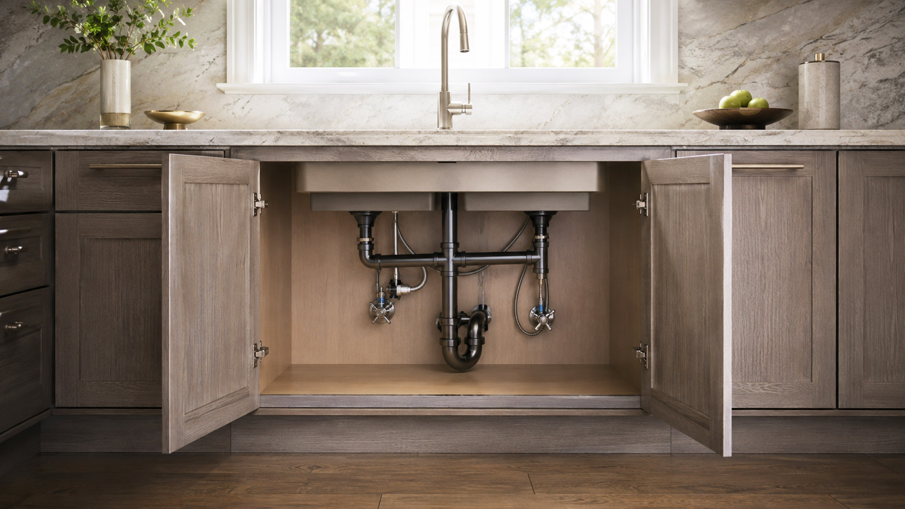 Open cabinetry beneath a modern kitchen sink reveals neatly installed plumbing, brass valves, dark drain lines, and refined wood cabinetry.
