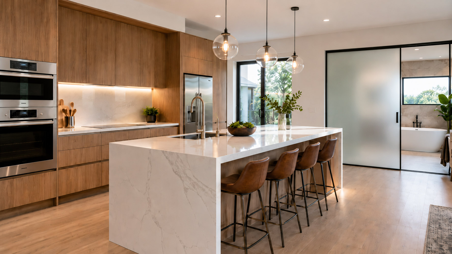 Modern kitchen with wood cabinetry, marble island, smart appliances, and a luxury bathroom behind a partially closed sliding glass door.