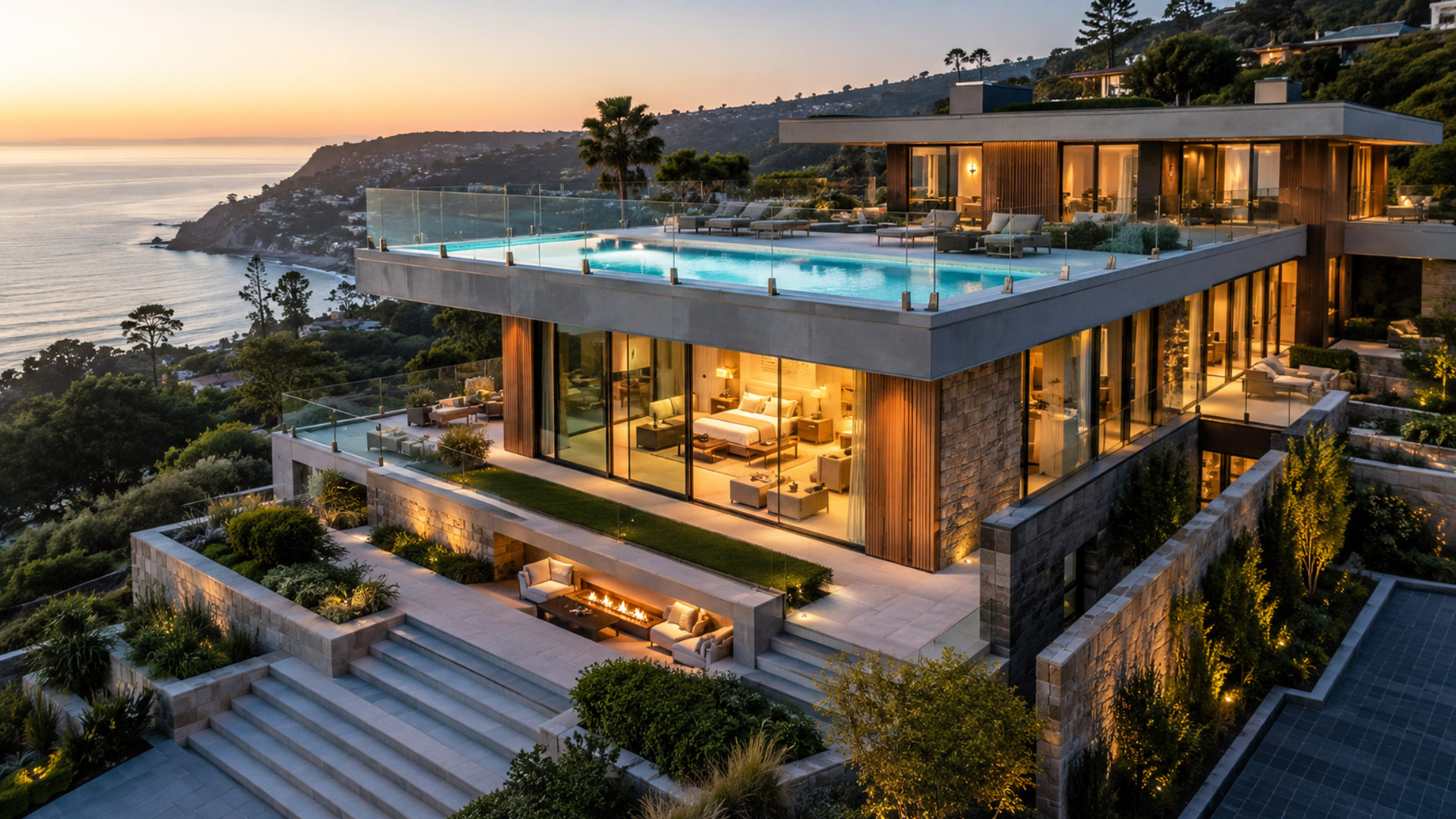 Modern luxury custom home on a coastal hillside with a rooftop pool, glass railings, stone walls, warm wood accents, and landscaped terraces.