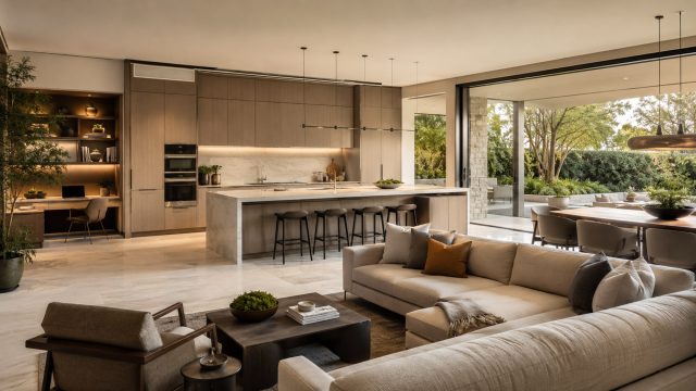 Modern luxury home interior with open-plan living, kitchen, dining, home office, hidden storage, natural light, and garden views.
