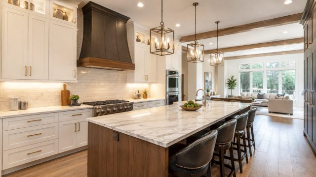 Luxury modern kitchen with marble island, white cabinetry, wood accents, pendant lighting, brass hardware, high-end appliances, and an open living area.
