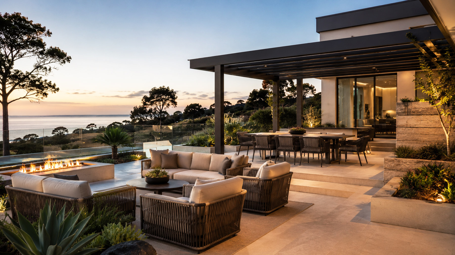 Modern luxury patio with minimalist seating, glass railing, pergola, fire feature, dining area, and landscaped ocean view.