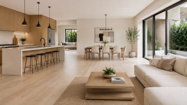 Modern open-plan family home with a spacious kitchen, dining area, living room, large sectional sofa, sliding glass doors, and minimalist neutral decor.