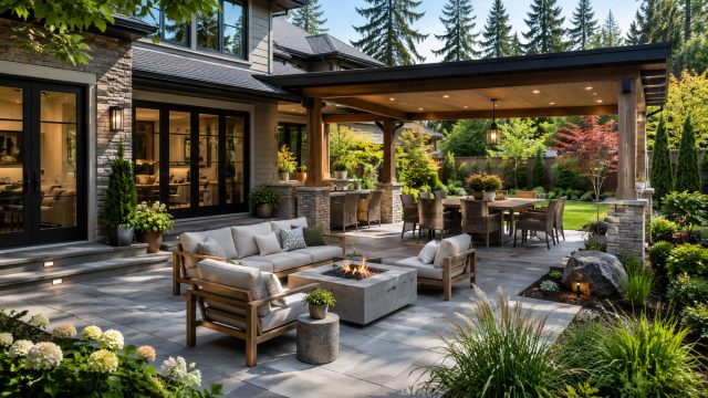 Modern backyard patio with covered dining area, outdoor seating, fire feature, stone paving, landscaped garden beds, and a well-designed suburban home exterior.