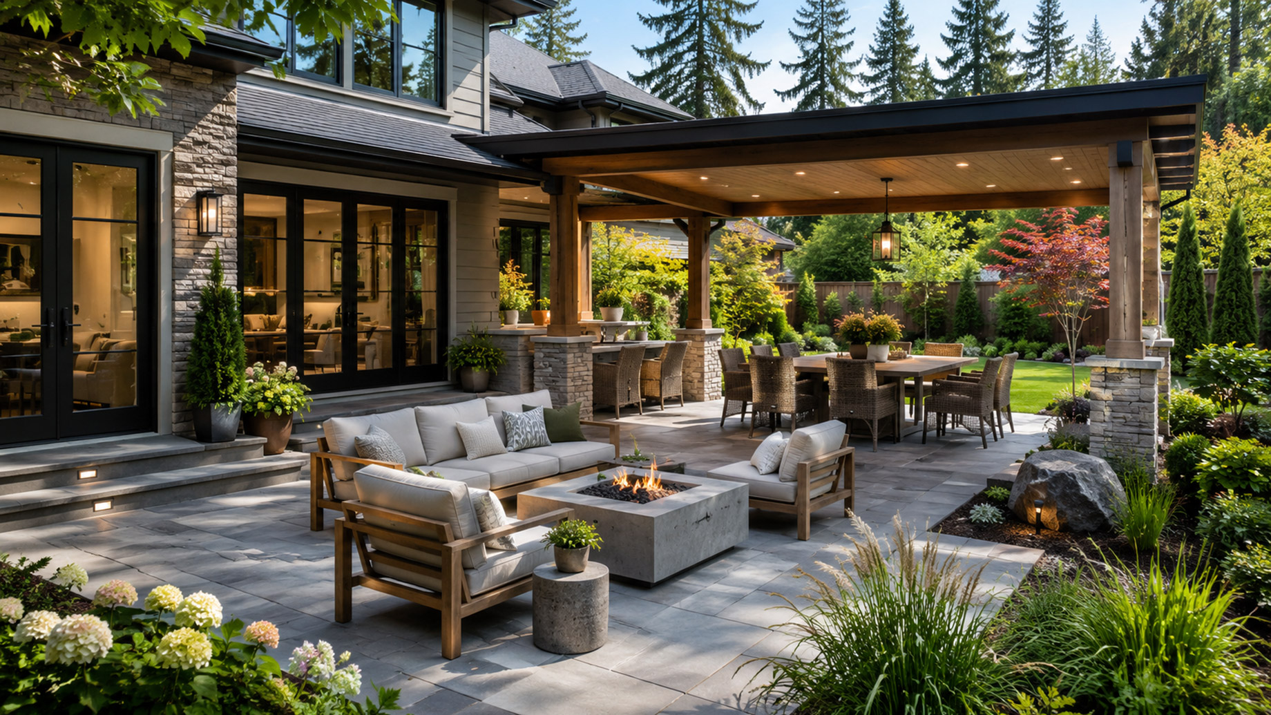 Modern backyard patio with covered dining area, outdoor seating, fire feature, stone paving, landscaped garden beds, and a well-designed suburban home exterior.