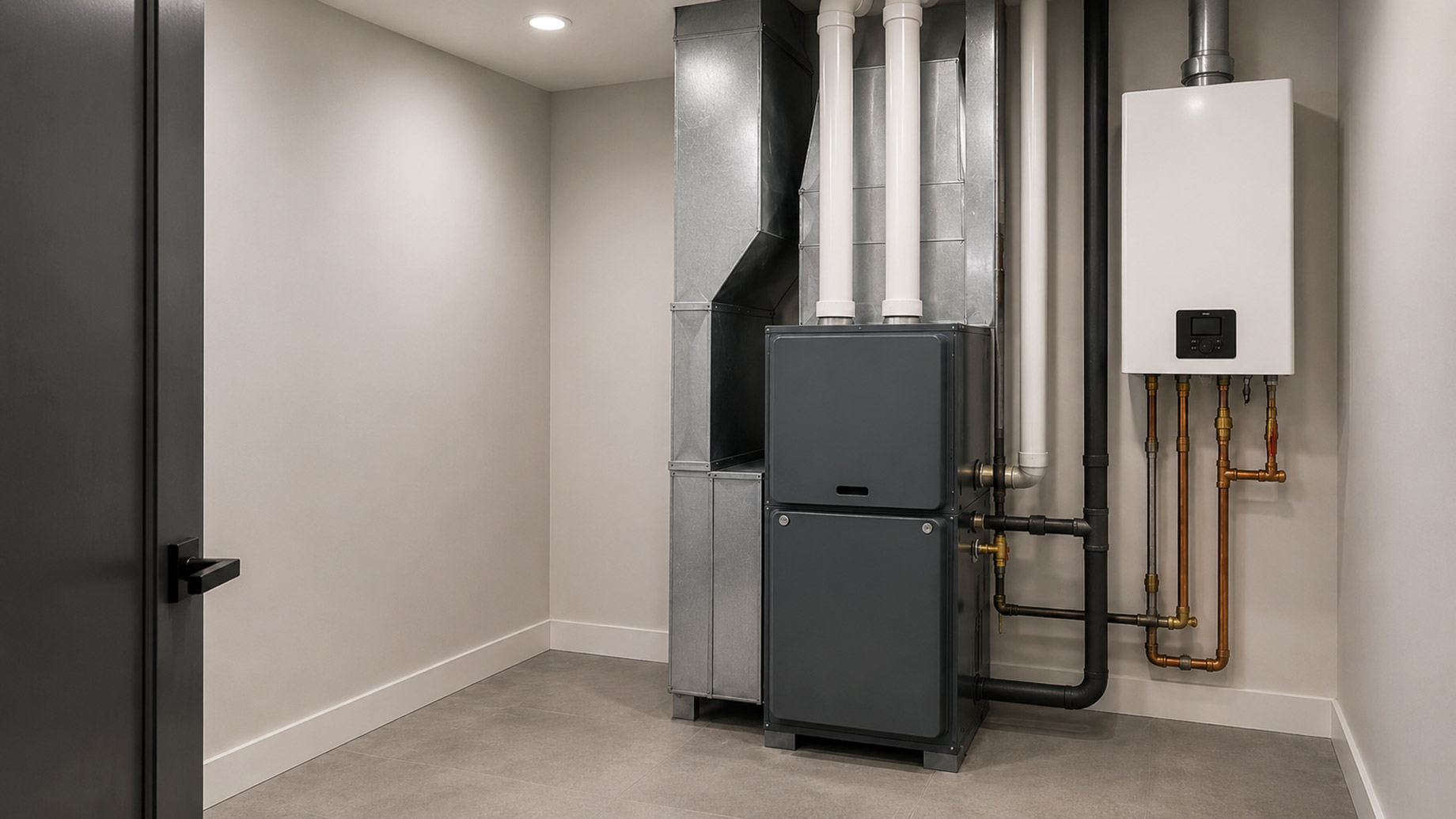 Modern residential furnace room with a gray heating unit, clean ductwork, copper piping, wall-mounted equipment, tiled floor, and neutral walls.