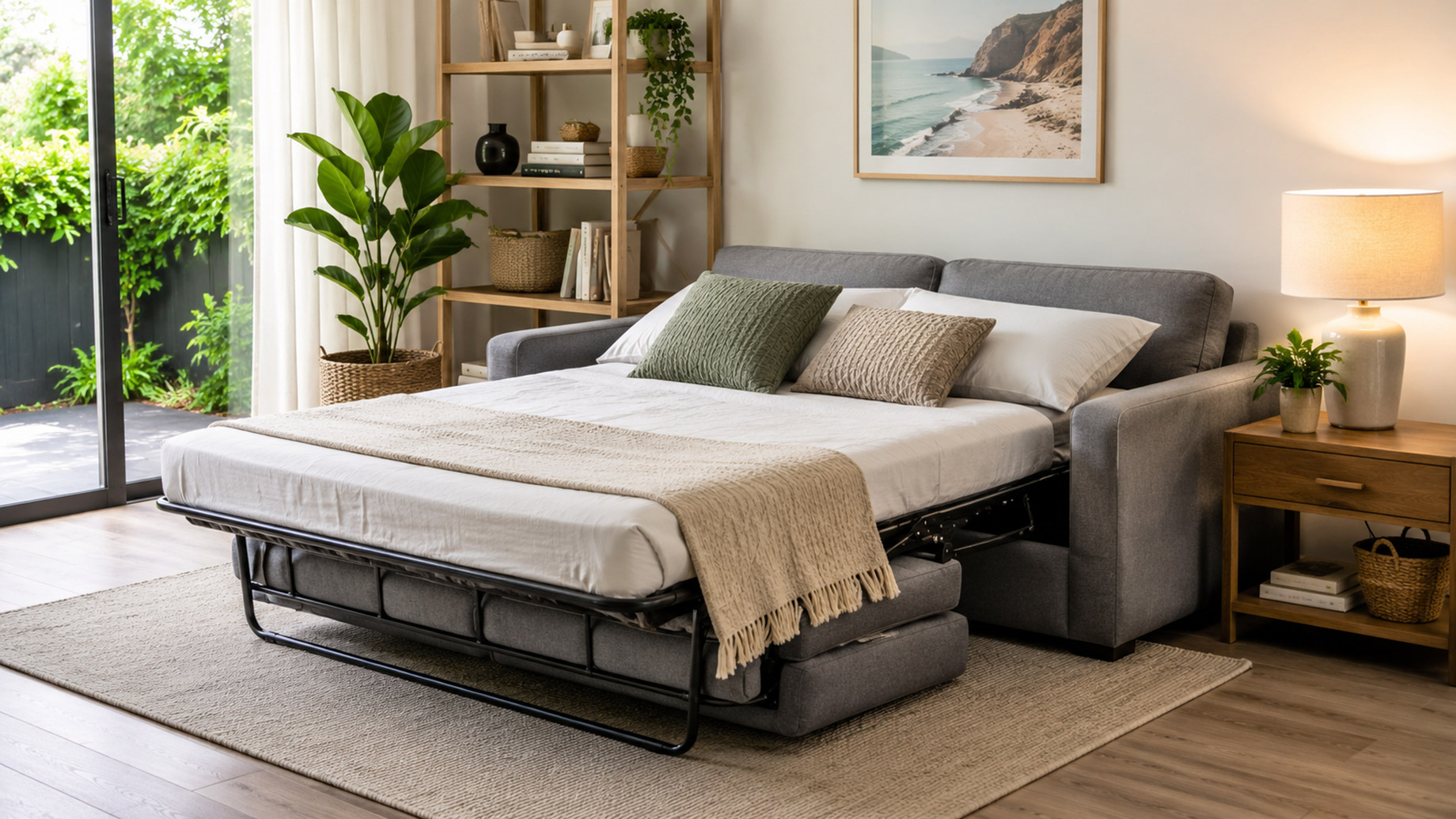 Grey sofa bed extended in a bright modern living room with pillows, bedding, plants, shelves, and natural light.