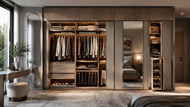 Modern built-in wardrobe with sliding doors, open shelving, hanging space, drawers, shoe storage, and warm integrated lighting in a contemporary bedroom.
