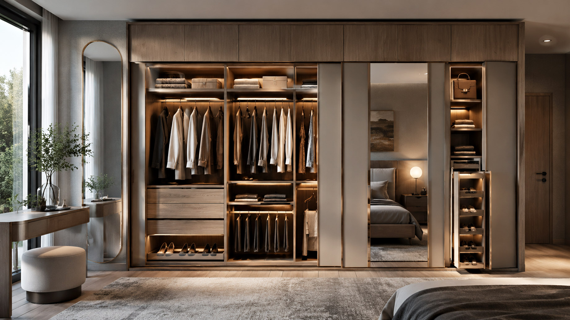 Modern built-in wardrobe with sliding doors, open shelving, hanging space, drawers, shoe storage, and warm integrated lighting in a contemporary bedroom.