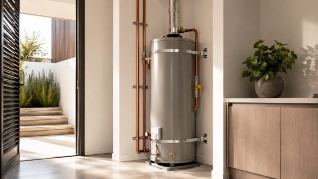 Newly installed water heater in a modern utility room with clean copper piping, seismic straps, venting, neutral finishes, and soft natural light.