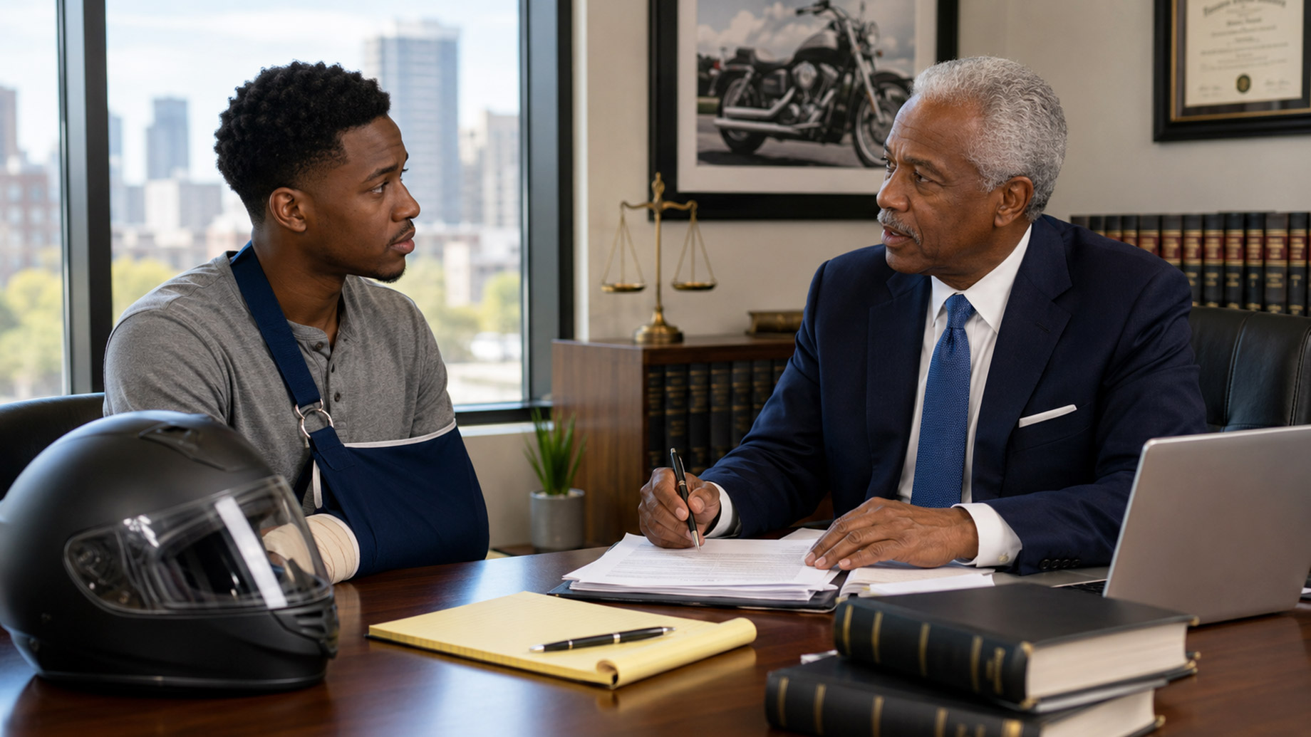 Injured motorcyclist with arm in sling speaks with an attorney across a desk with a motorcycle helmet, legal papers, law books, and city skyline nearby.