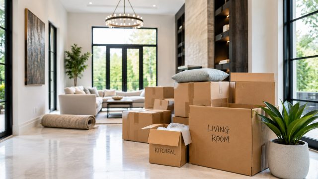 Cardboard moving boxes arranged inside a spacious modern living room with elegant neutral furniture, large windows, and polished flooring.