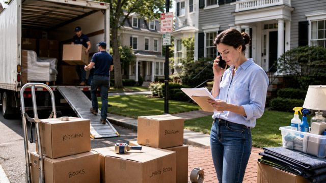 Homeowner reviews moving paperwork while movers load boxes into a truck outside a suburban house with parking signs and moving supplies nearby.