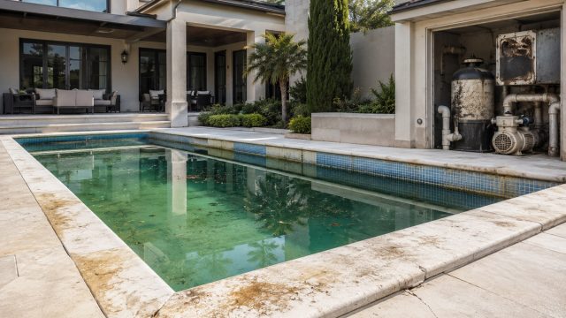 Luxury backyard swimming pool with cloudy green water, stained tile edges, cracked stone coping, and aging pool pump equipment beside a modern home.