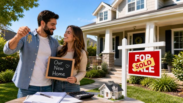 Smiling couple holding keys and a new home sign in front of a suburban house with a sold real estate sign.