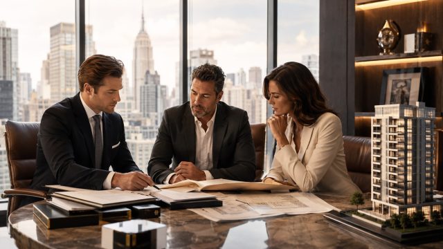 A real estate attorney reviews contracts and architectural plans with two investors in an upscale Manhattan office overlooking the New York City skyline.