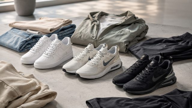 Three pairs of Nike sneakers arranged with folded casual and athletic clothing, showing versatile styling options for different outfits.