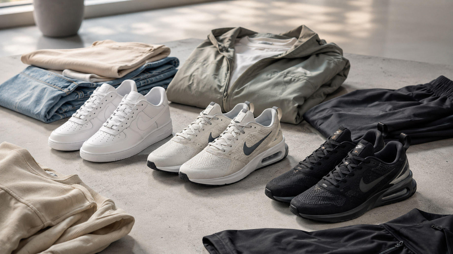 Three pairs of Nike sneakers arranged with folded casual and athletic clothing, showing versatile styling options for different outfits.