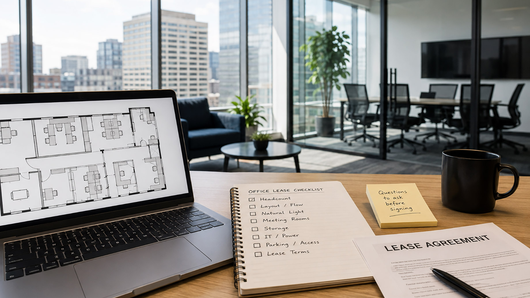 Modern office workspace with a laptop showing a floor plan, lease agreement, checklist notebook, coffee mug, and glass meeting room overlooking a city skyline.