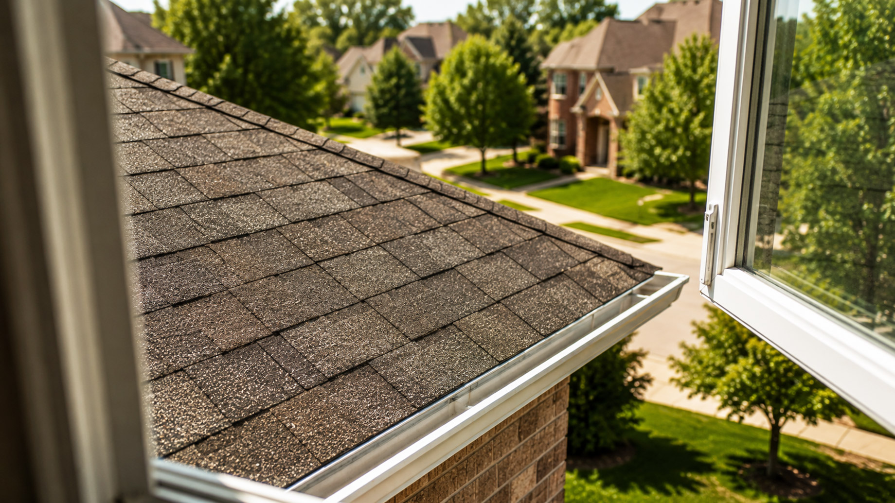 View through an open upstairs window showing close-up asphalt shingles and a white gutter, with a sunlit Plano neighborhood softly blurred in the background.