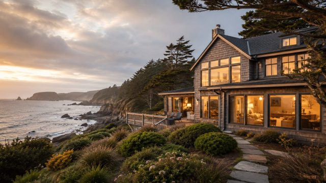 Luxury vacation home on the Oregon coast with warm interior lights, landscaped gardens, rocky shoreline, and Pacific Ocean views at sunset.