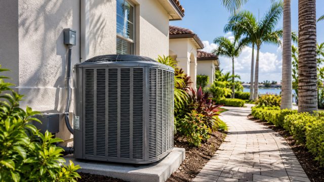 Outdoor air conditioning unit installed beside a stucco Tampa Bay home with tropical landscaping, palm trees, walkway, and water in the background.