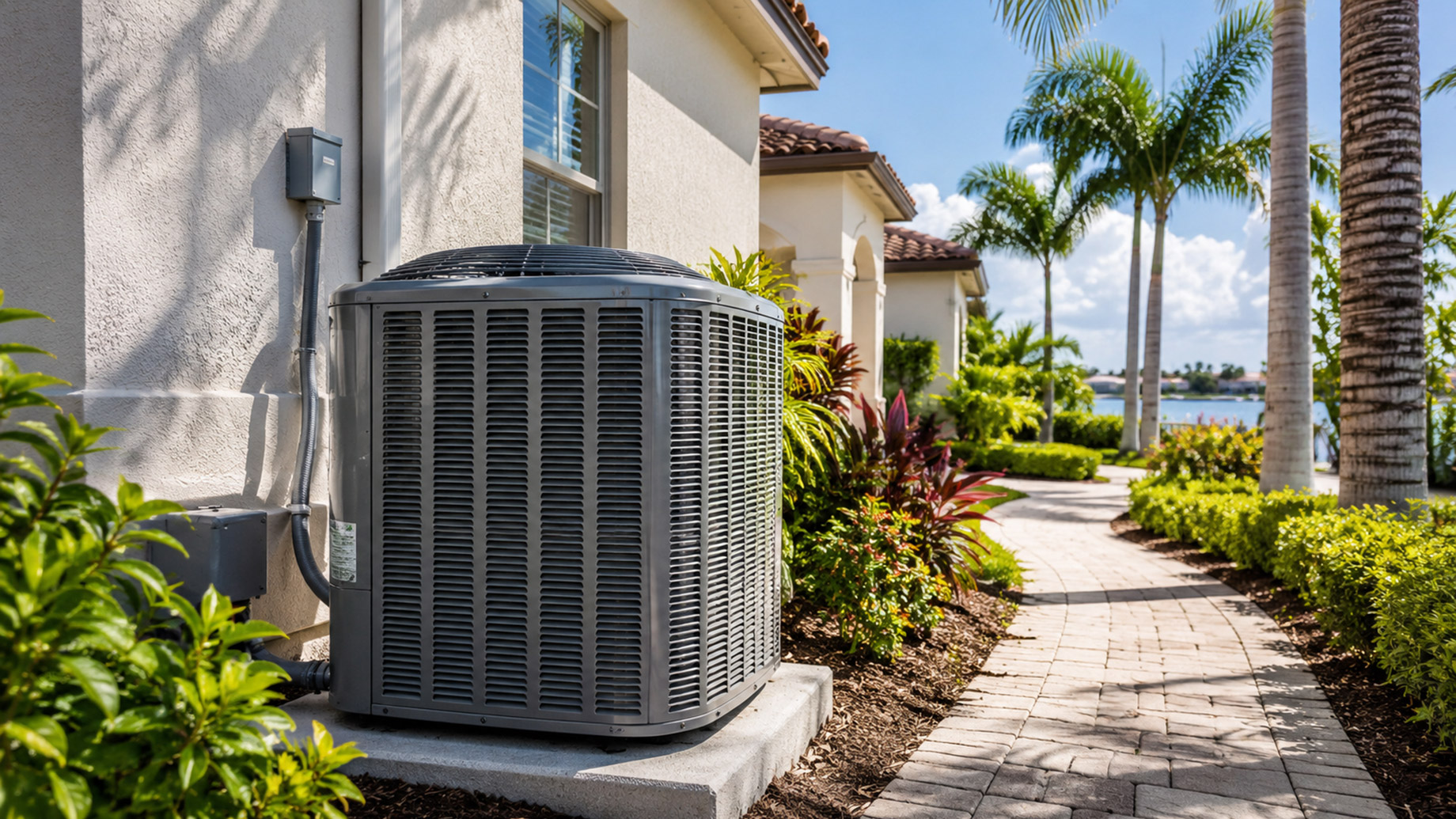 Outdoor air conditioning unit installed beside a stucco Tampa Bay home with tropical landscaping, palm trees, walkway, and water in the background.