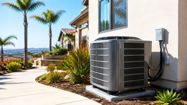 Modern outdoor air conditioning unit installed beside a stucco Orange County home, with palm trees, landscaping, and hillside homes in the background.