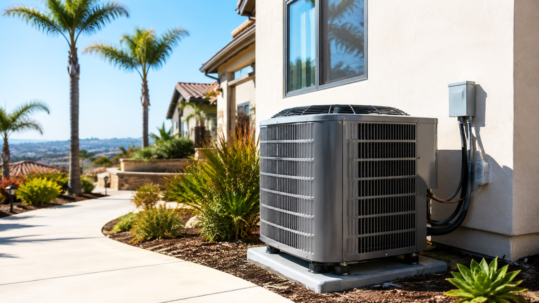Modern outdoor air conditioning unit installed beside a stucco Orange County home, with palm trees, landscaping, and hillside homes in the background.